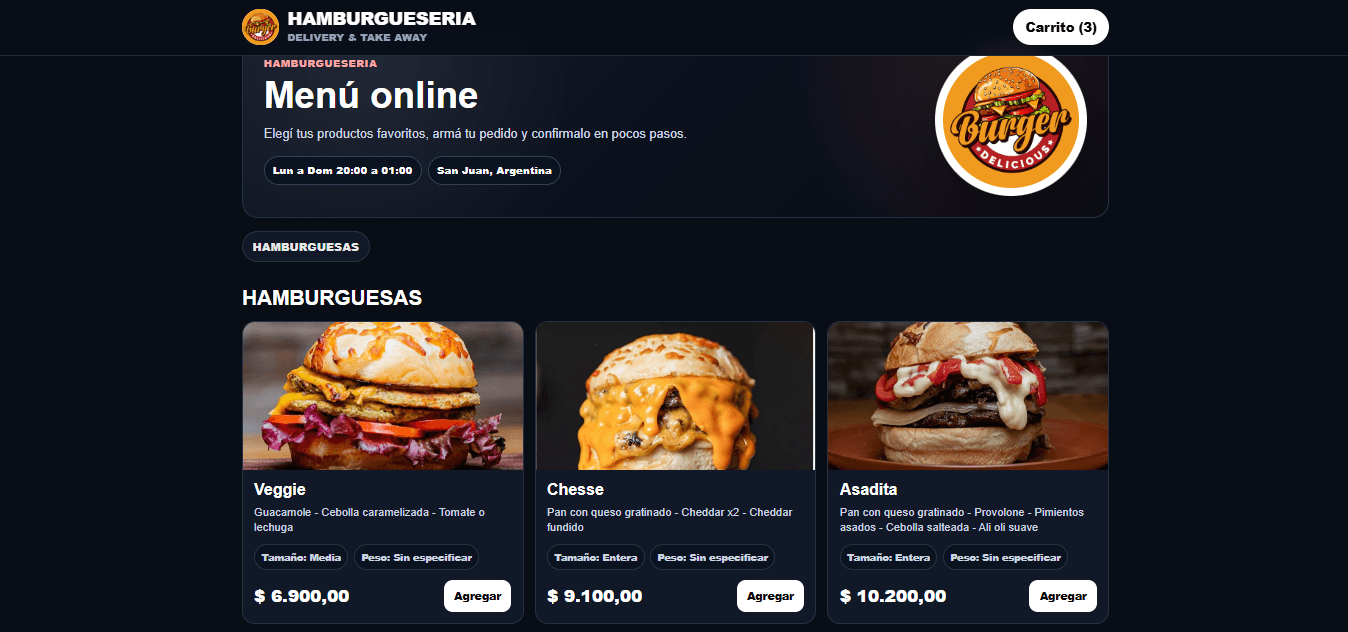 Captura real del menú online Burger